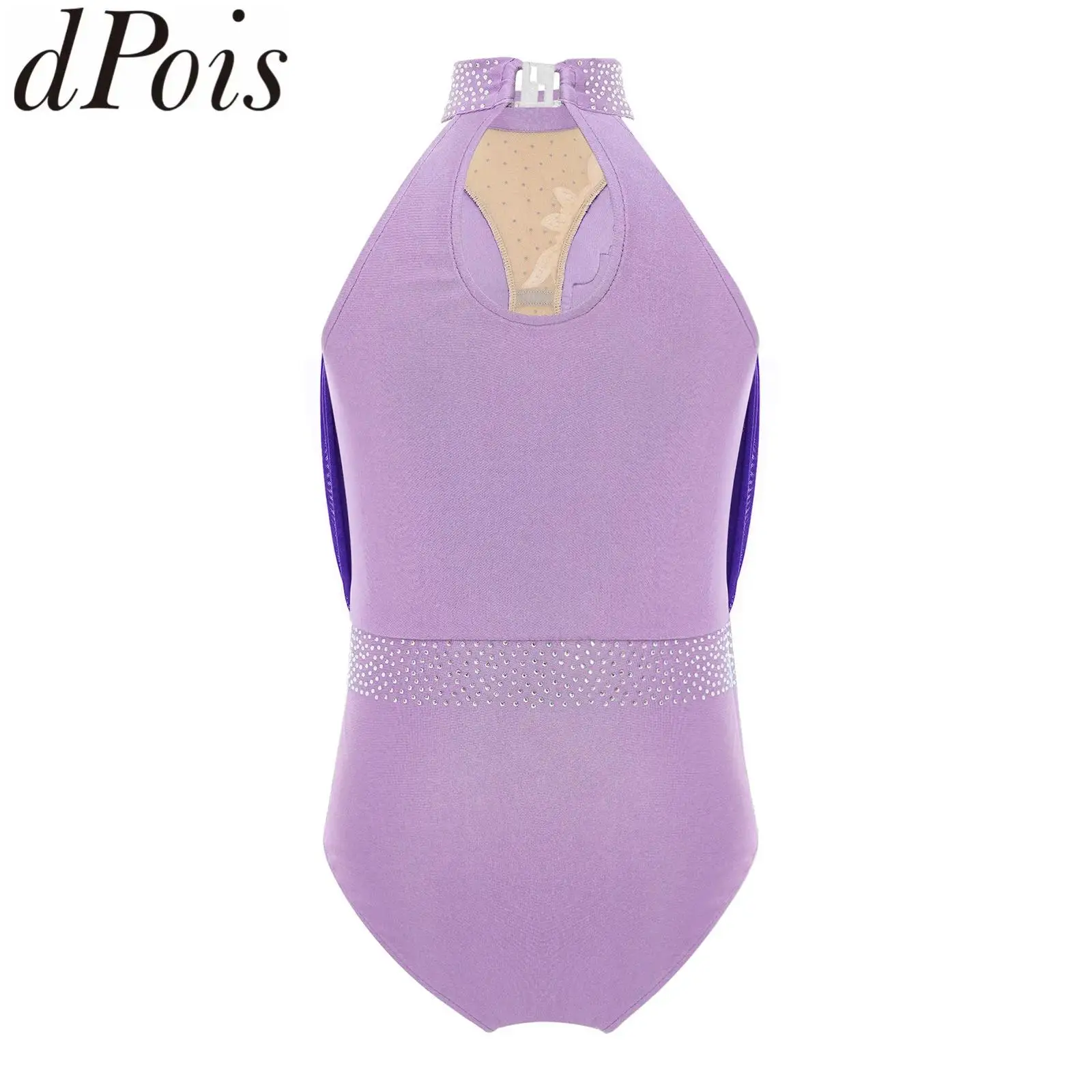 

Kids Girls Applique Figure Skating Leotard Ballet Gymnastics Jumpsuit Sleeveless Sheer Mesh Patchwork Rhinestones Dance Bodysuit