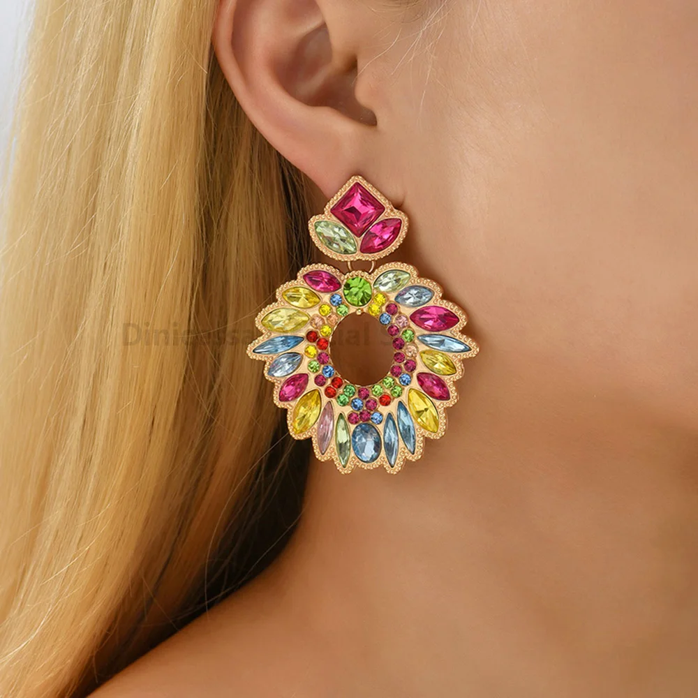 Charm Multicolored Crystal Big Dangle Drop Earrings For Women Trendy Vintage Luxury Chandelier Pageant Prom Pendant Jewelry Gift
