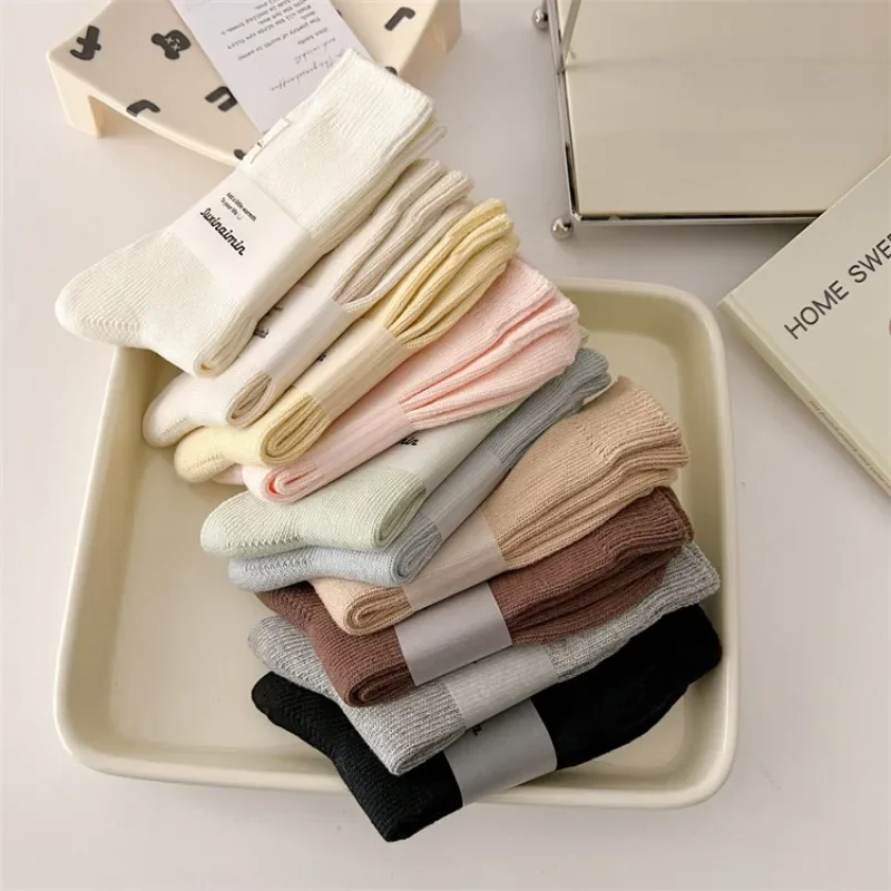 Autumn Winter Women Socks Korean Japanese Fashion Solid Color Black White Gray Middle Tube Socks Women Cotton Knitted Long Socks