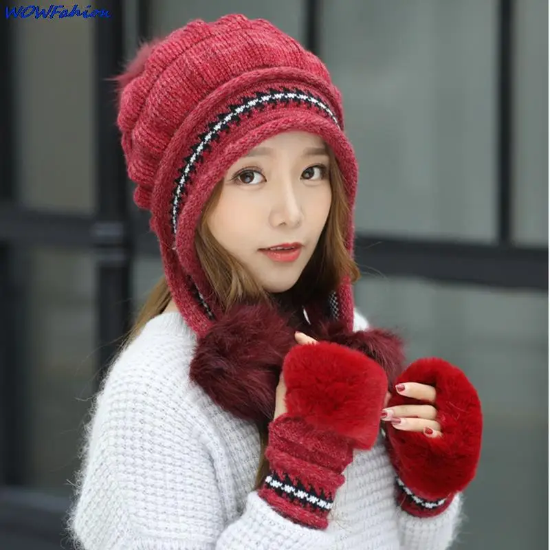 NEW Winter Warm Wool Hats for Women Simple Cute Fur Ball Hat Thickened Ear Protection Warm Cycling Women Hat Ski Cap Beanie