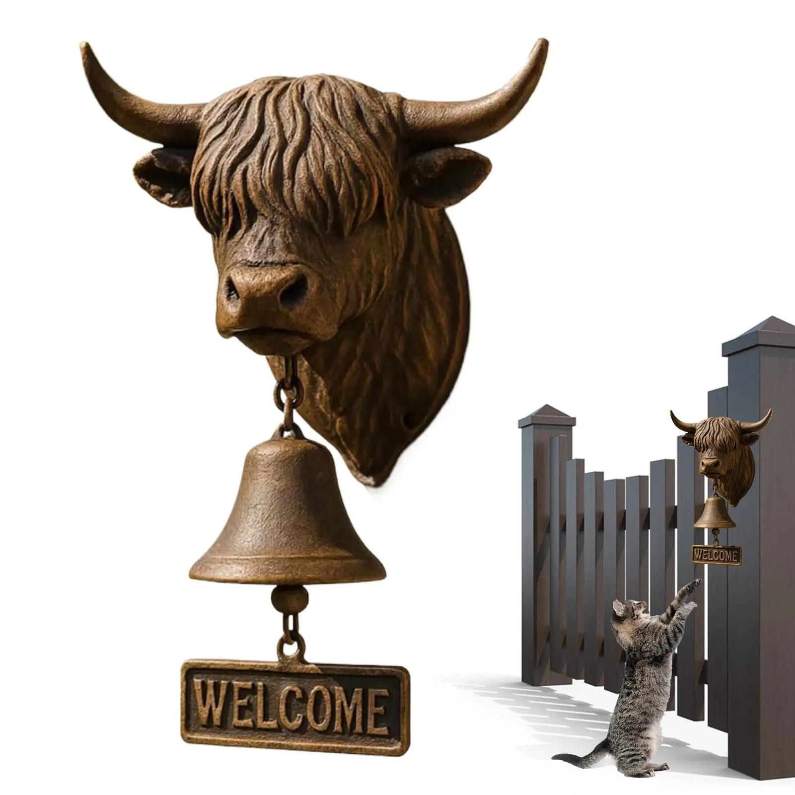 

Декоративный подвесной колокольчик в форме коровы из смолы Highland Bull Welcome Bell для входа, двора, сада