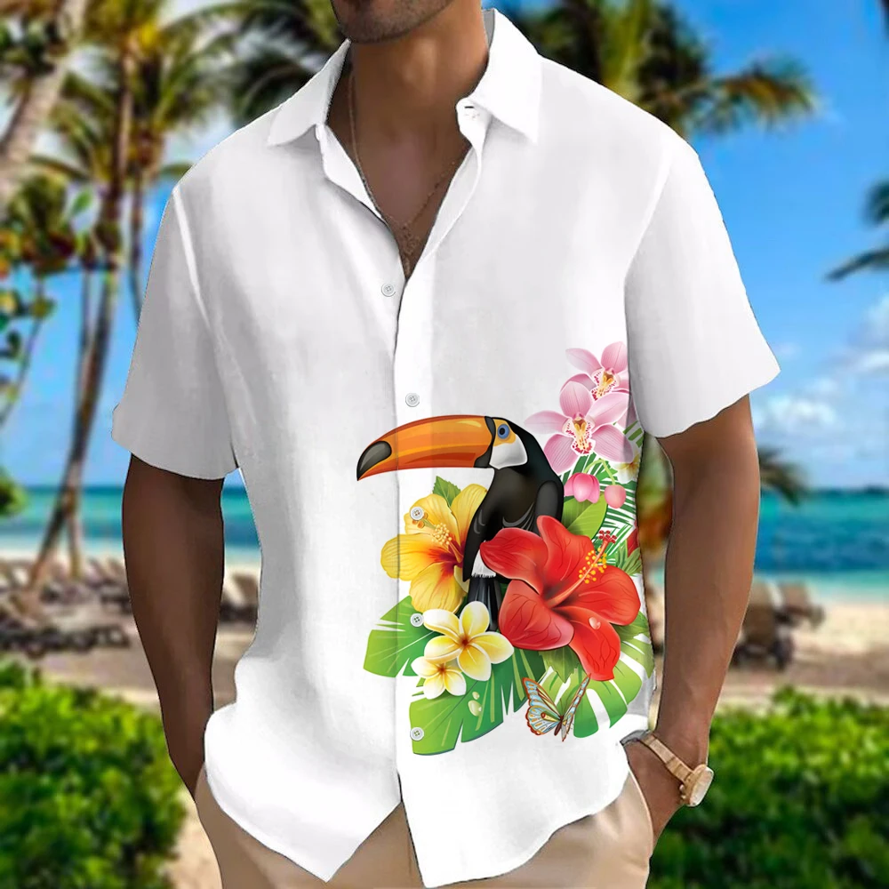 

Men's Colorful Fashion Tropical Flower & Animal Print Hawaiian Shirt, Casual Summer Holiday Shirt, Men's Apparel For Daily Wear