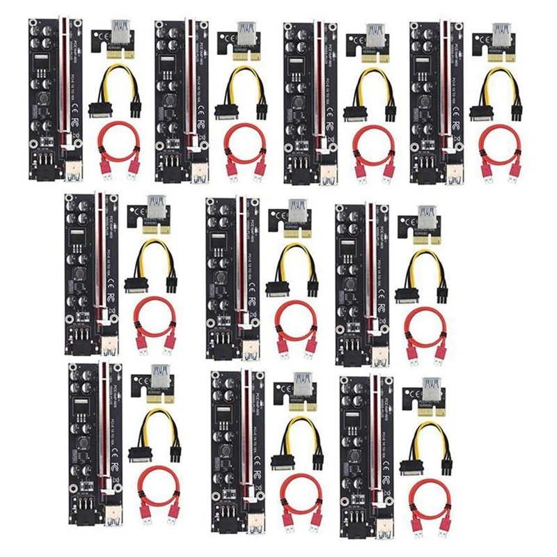 

10 шт., Райзер-карта VER009S Plus PCI Express, 1X до 16X, карта Райзера PCI-E, SATA, 6 контактов, питание, 0,6 м, USB 3,0 кабель для майнинга BTC