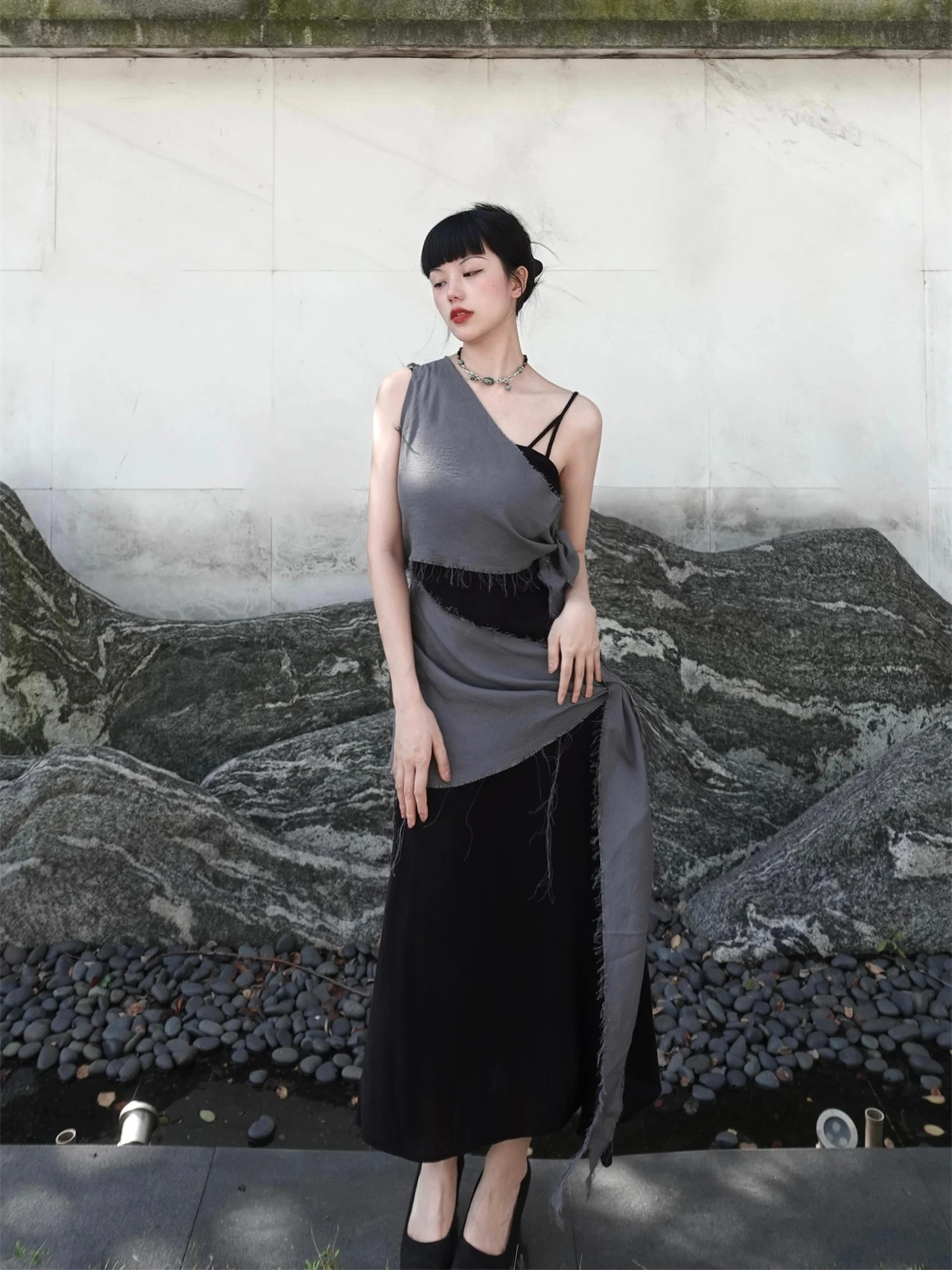 

New Chinese Sle Bla Long Dr Xiaoju Gown Cotton Linen Raindrop oulder Wrap Skirt A-Line Silhouette Svel Women's...