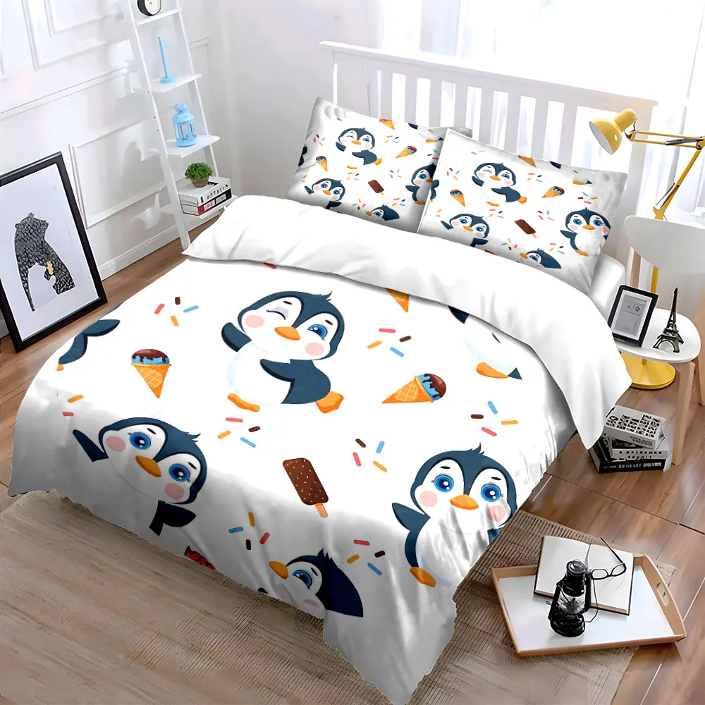 Penguin Ice Cream Theme Decor Soft Skin-Friendly Bedding Set Includes 1 Duvet Cover And 2 Pillowcase, Gift