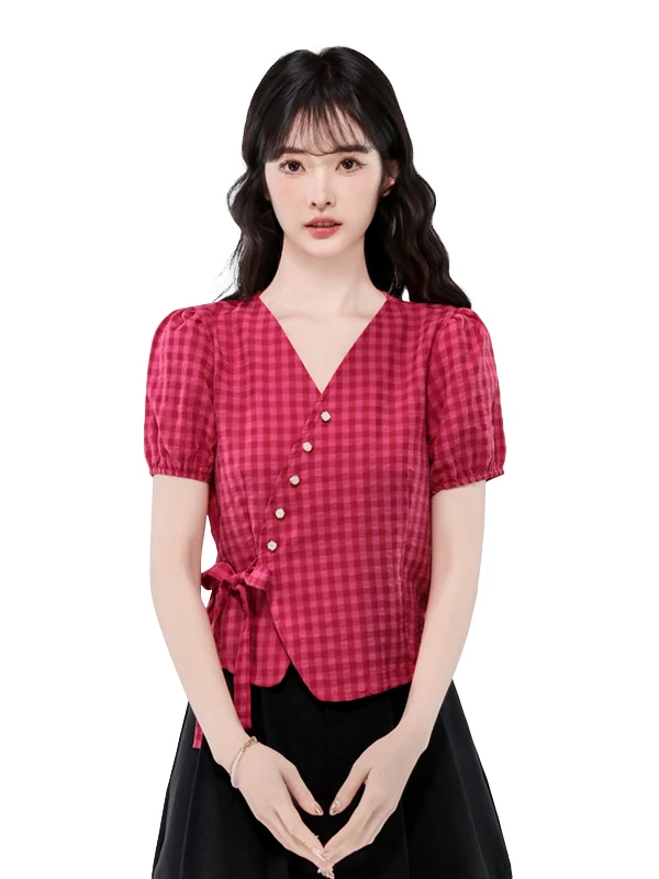 Summer New Women's Short Sleeve Shirt Dragon Fruit Color Checkered V-Neck Irregular  Knot Regular Shoulder Fit Cotton view 5