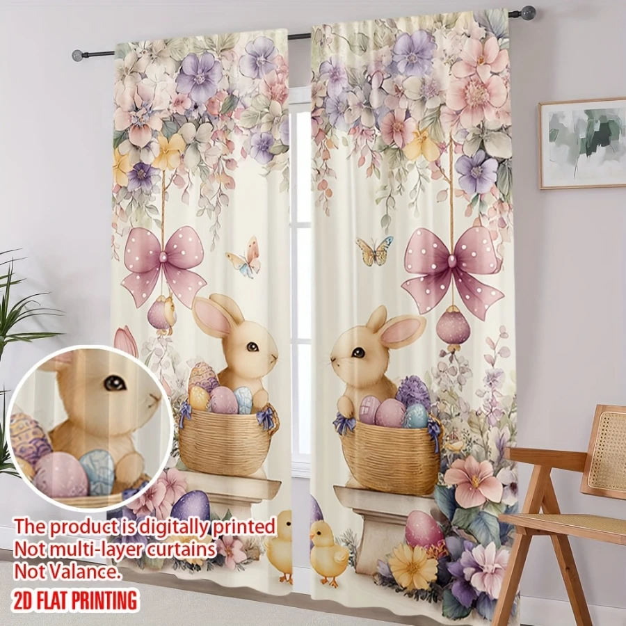 2PCS Digital Print  Curtain, Flower Basket Bow Knot, Rustic Farmhouse Window Treatment Drape for Bedroom Kitchen Decor