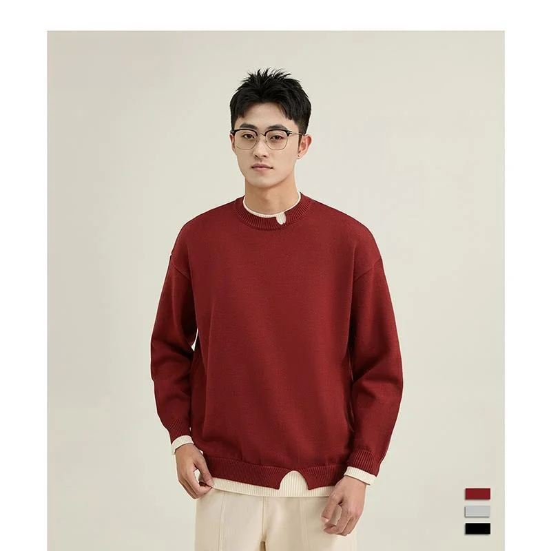 

Thiened Red Knitted Sweater round Ne Warmth Men's Autumn Winter New Sle Faionable Ci Casual Long Sve Youthwear