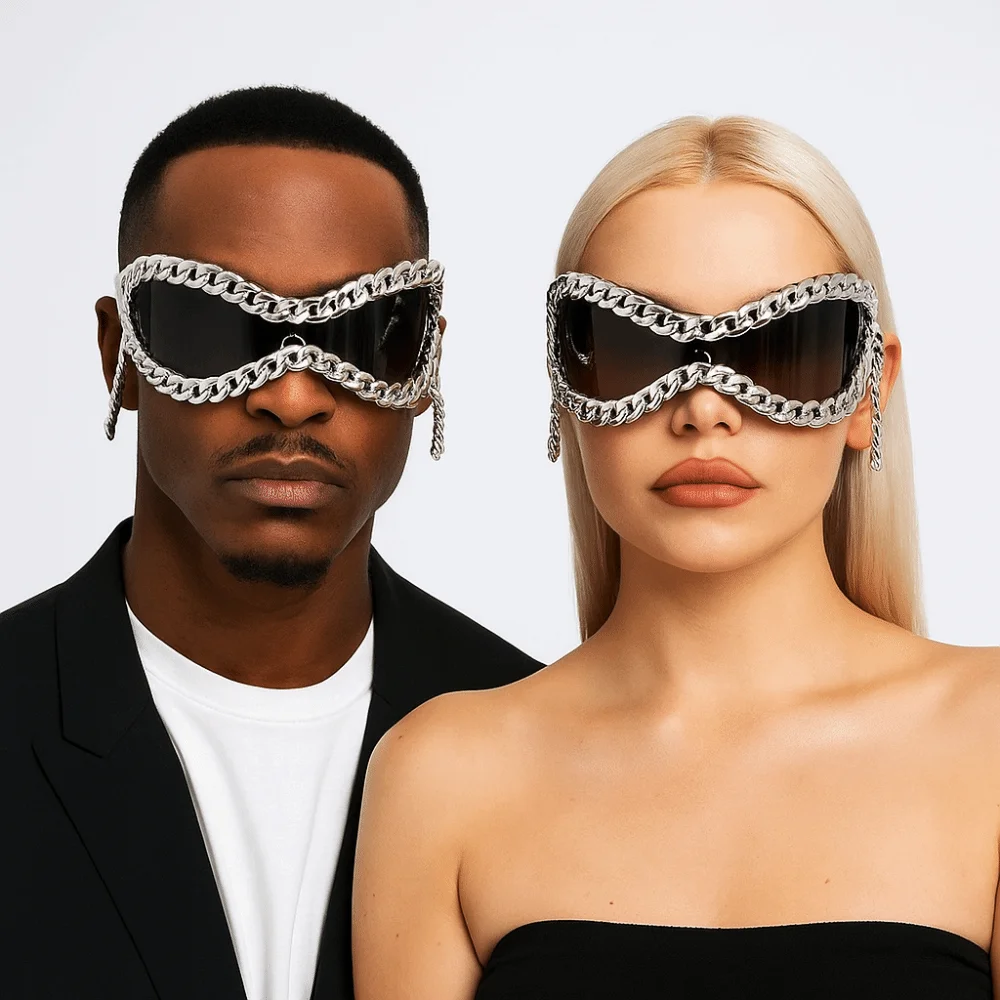 

Luxury Metal Chain Frame Sunglasses Metal Chain Decoration Large Frame Women Sunglasses All Matching Cool Style Punk Glasses