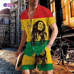 Bob Marley Short Sleeve Shirt Lapel Set Games Fashion Men's Tops+Shorts Casual 2 Pieces Fitness Running Set