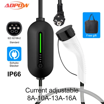 ADPOW Draagbare EV Charger Type2 IEC62196-2 16A EVSE Oplaadkabel Type1 SAE J1772 EU Plug Controller Wallbox voor Elektrische Auto