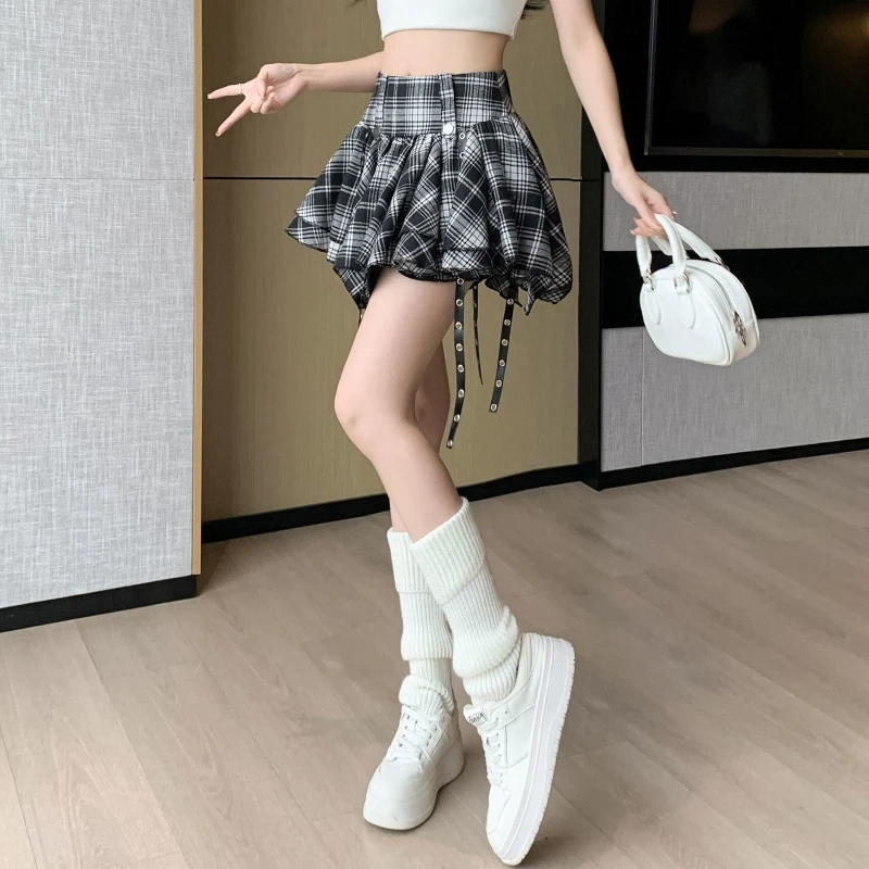 2026 Novelty Spring Summer Female Red Tartan Tiered Pleated Irregular A-Line Above Knee Skirt Trendy Casual Outfit