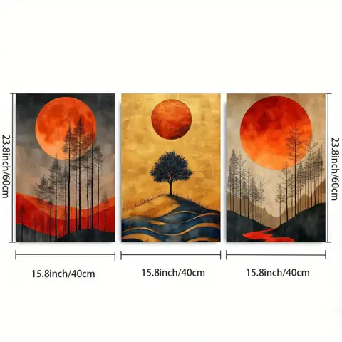 3 Abstract Sunset Tree Canvas Wrapped Frame，Minimalist Natural Art，bright orange sunset，Suitable Living Room、Bedroom、Office