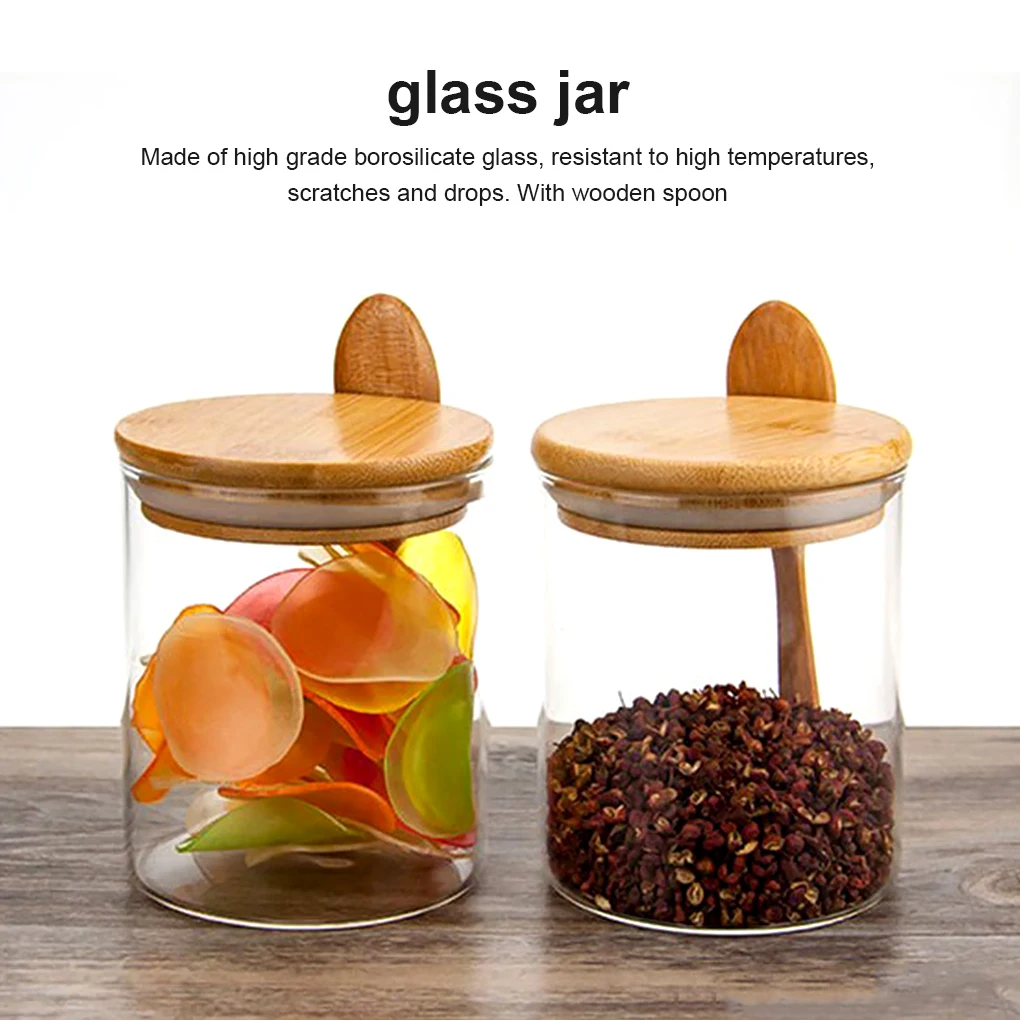 Glass Jar Wood Spoon Transparent 450ml Silicone Ring Bottle Kitchen Restaurant Rice Jam Pepper Storage Container