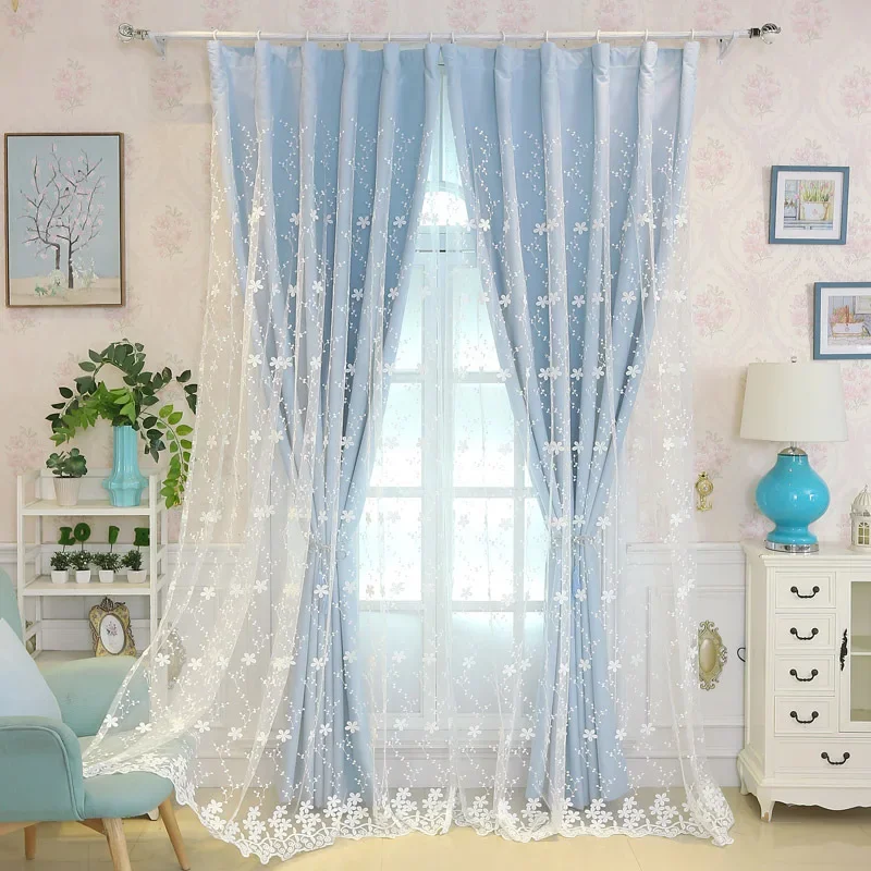 

Small Fresh Flower Gauze Color Cloth Double-layer Blackout Curtains for Living Room Bedroom Window Light and Thin Set Custom New