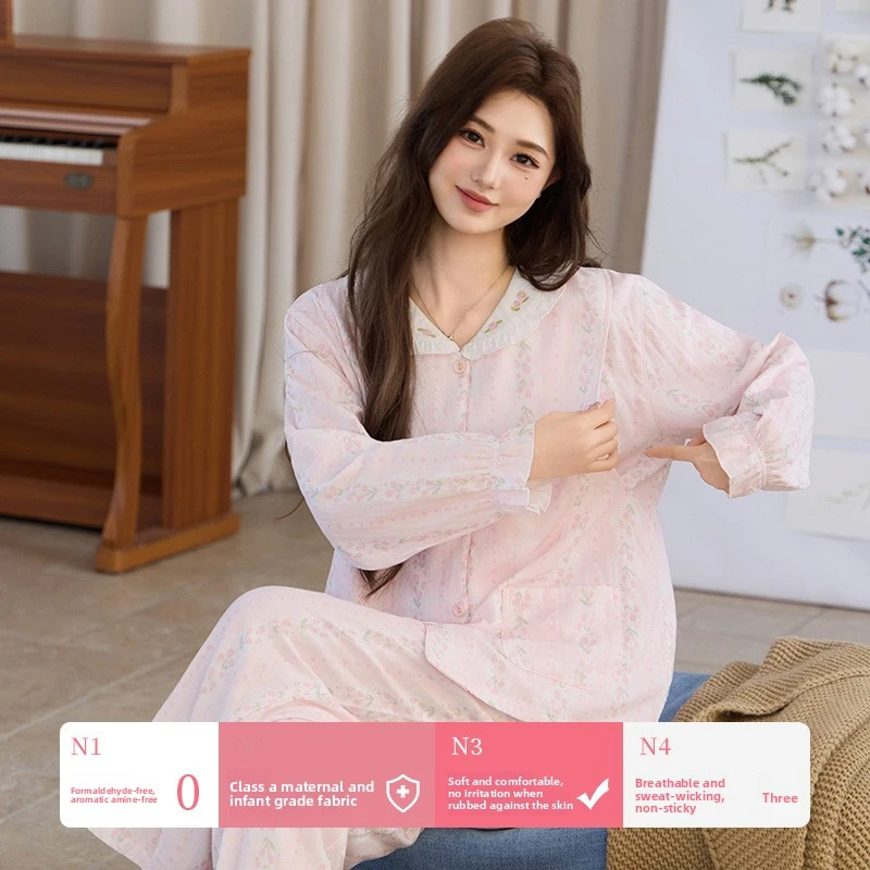 2-Piece Women's Nursing Pajama Set, Sweet Soft Sleepwear, Double Cotton Gauze Long Sleeve & Relaxed Fit, Breathable & Lightweigh
