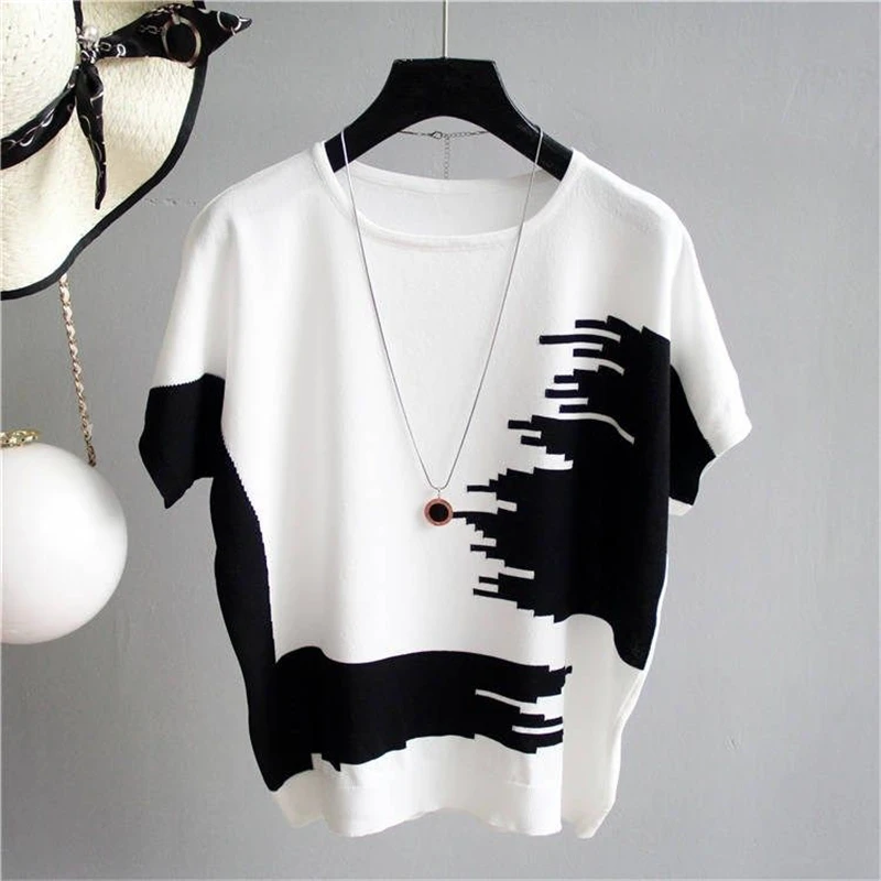 Women's Clothing Simple Patchwork Elegant Ice Silk Knit T Shirt Summer Trendy Casual Loose Round Neck Short Sleeve Pullover Tops