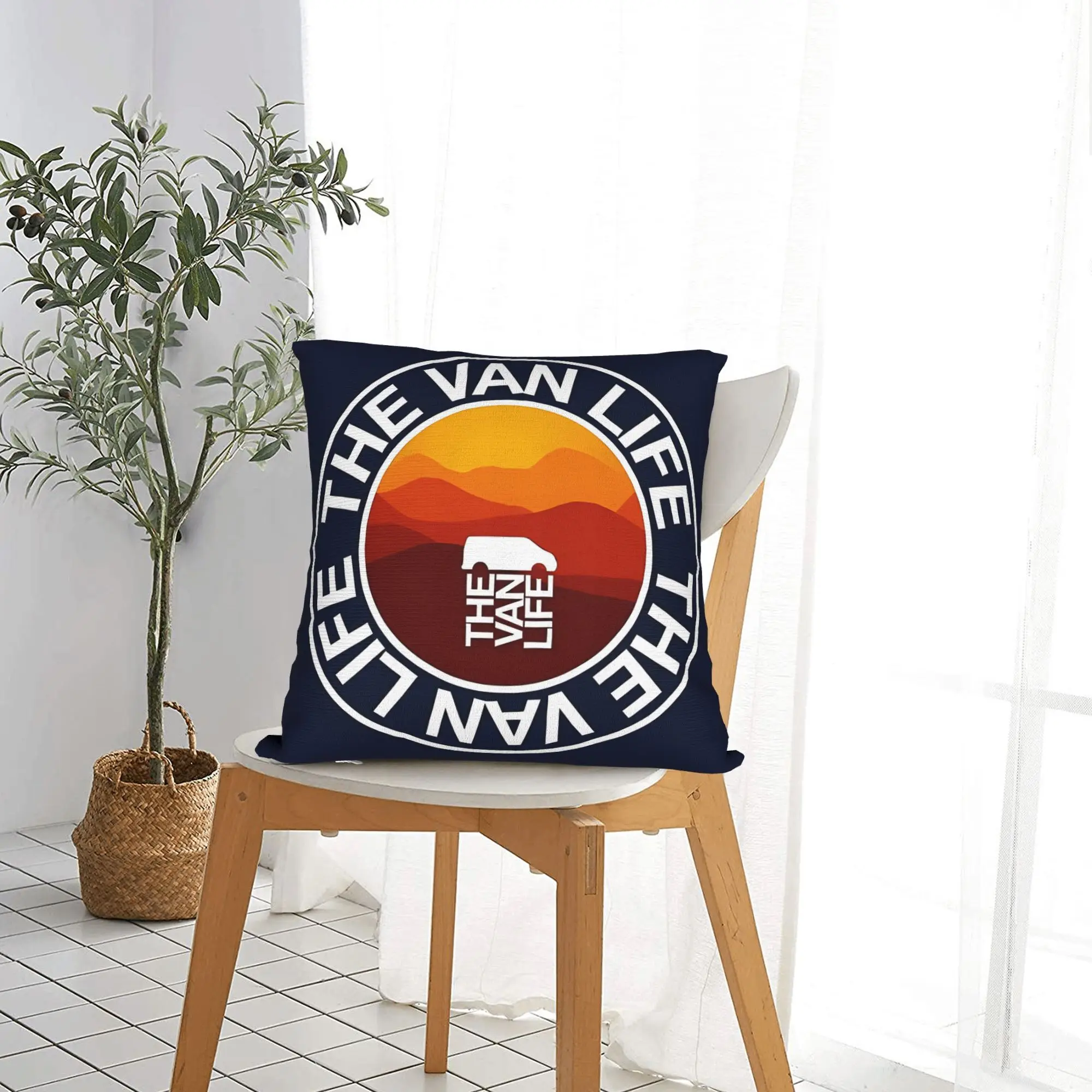Aesthetic Van Life Pillowcase Throw Cushion Cover Boho Travel Decor Sunset Camper Style Retro Print Navy Blue Home Accent