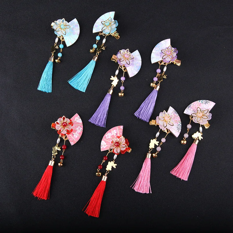 Ancient Han Costume Accessories Tassel Flower Hair Pin Fan Length Small Bell Girl Hair Clip Children Taking Pictures Ornament