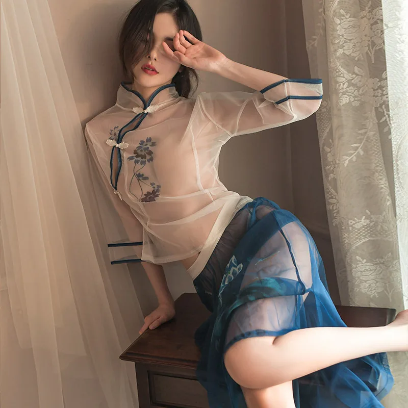 3 Colors Sexy Women Cheongsam Dress Erotic Anime Lingerie See-through Hollow Retro Qipao Porno Nightwear Long Skirts Sleepdress