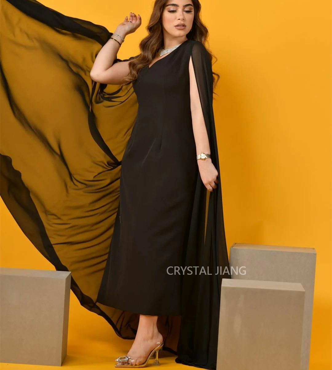 2023 Short V Neck  Black Chiffon Evening Dresses With Cape فساتين السهرة A-Line Tea Length Prom Dress Robe de soirée for Women