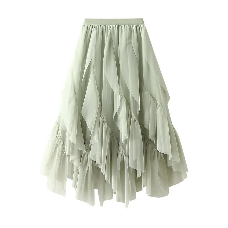 Women Printed Cake Skirt Ruffle Edge Yarn Skirt High Waist Mesh Half Skirt
