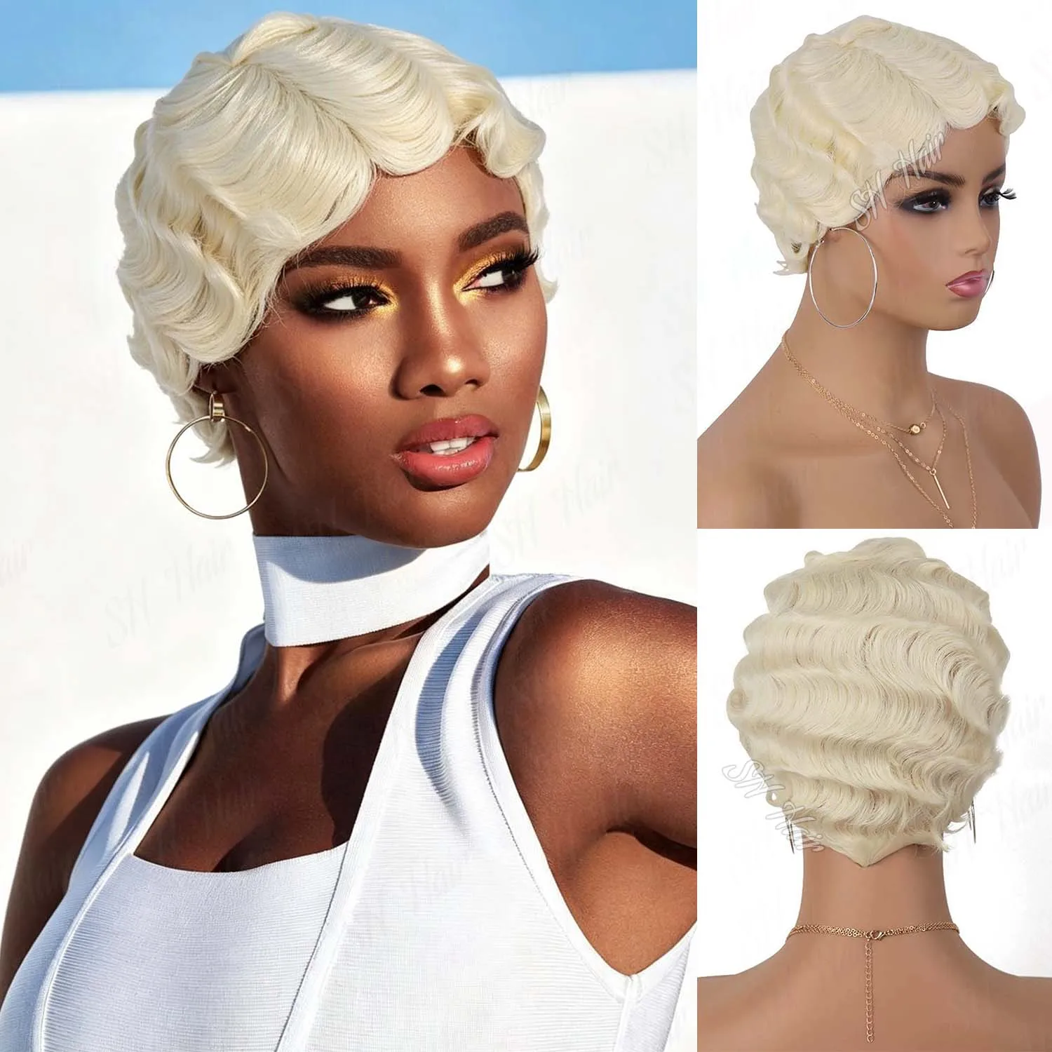 

Synthetic Short Pixie Cut Curly Wig Finger Wavy Wig Curly Cute Nuna Wig Real Retro African Wigs for Black Women Mommy Wig