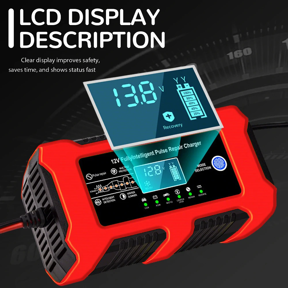 Auto-Batterieladegerät 12V 10A Intelligentes Pulsreparatur-Ladegerät mit LCD-Anzeige für Auto- und Motorradbatterien – Detail 1