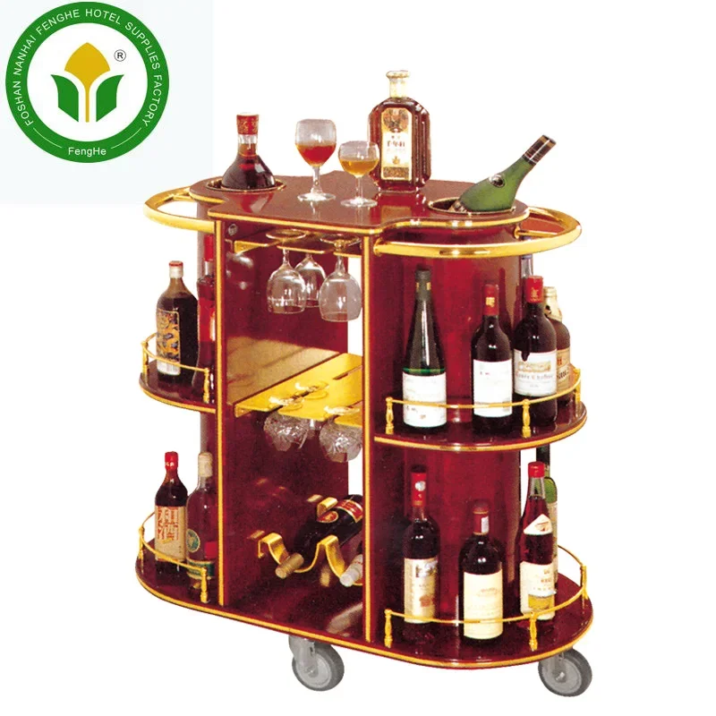 Hotel Guest Room 3 Tier Wooden Wine Bar Trolley Wine Trolley Liquor Service Trolley