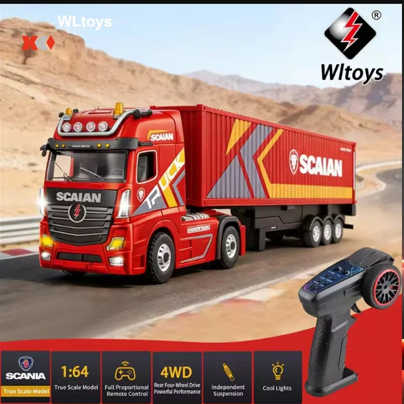 WLtoys XK 6408 1/64 Camion tracteur RC 4x4 en alliage avec commande indépendante, conteneur relevable, lumières et klaxon, régulateur de vitesse, voiture RC