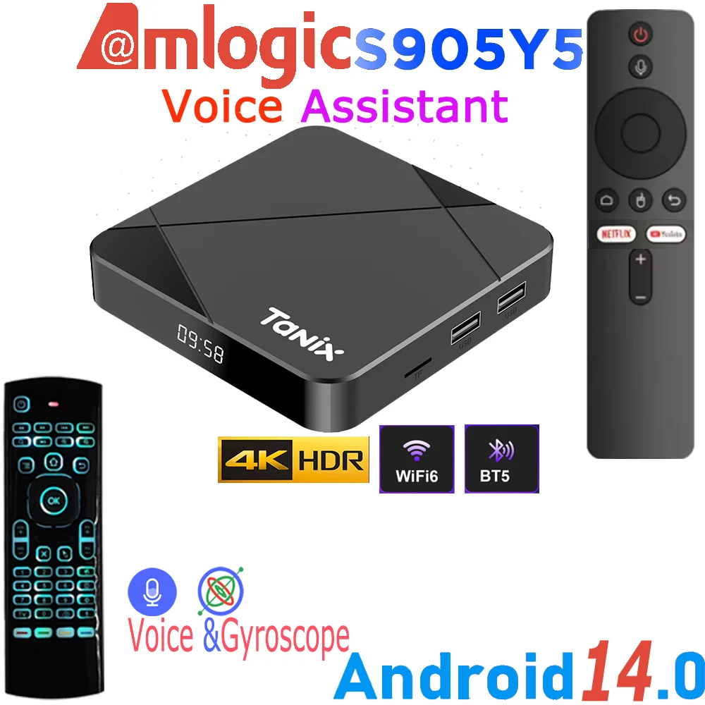 

TANIX TX5 Android 14.0 Amlogic S905Y5 4K Видео LAN 100M Wi-Fi 6 BT5.0 Голосовой помощник Пульт ДУ Игровая медиа-приставка Smart TV Box
