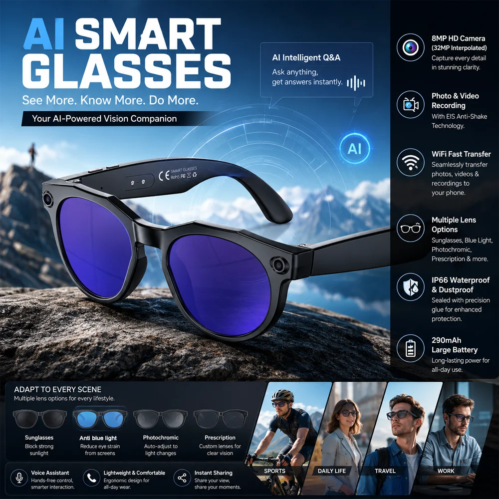 

New AI Eyeglasses 100+ Language Translation Object Recognition Bluetooth Call 800W Pixel Photo And Video Recording Smart Glasses