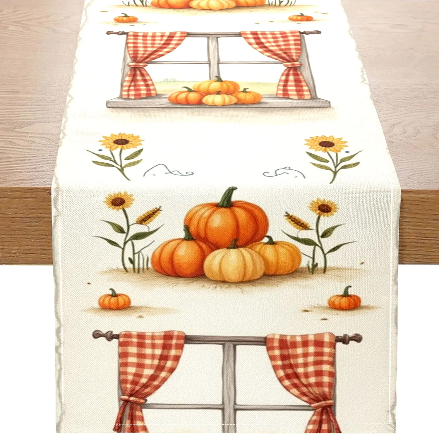 1 Piece Harvest-Themed Table Runner, Featuring Mature Pumpkins, Sunflowers, and Plaid Curtain Patterns, Suitable for Harvest Festival and Country-Style Decoration