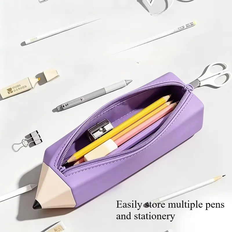 Étui à crayons en silicone mignon et créatif en forme de crayon, grande capacité, pour élèves du primaire