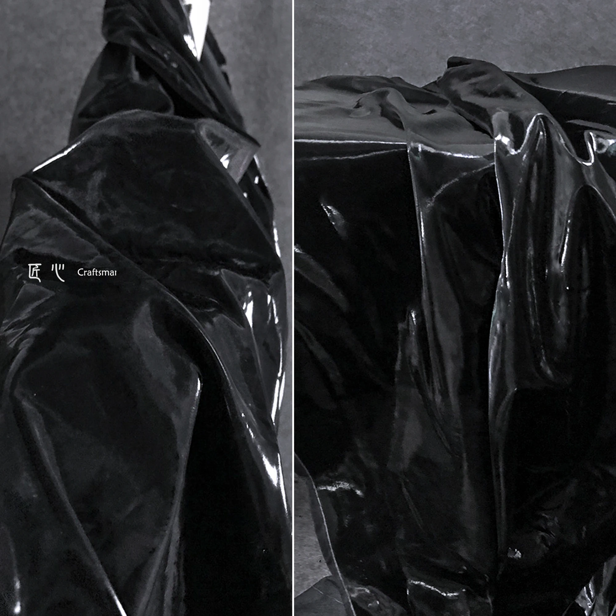 Black Pandora Leather, Tinsel Shimmer Jacket, Trench Coat, Suit Bag, Clothing Designer Fabric