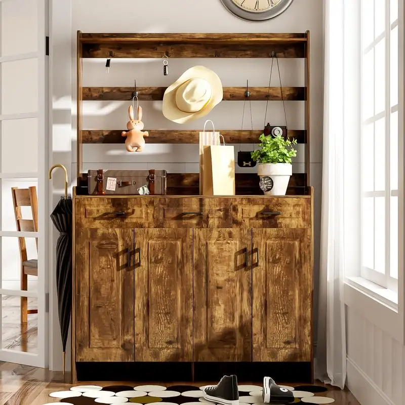 Minimalist Four-Door Shoe Cabinet with Coat Rack, Spacious Top, 3 Drawers, 8 Shelves, Metal Hooks and Handles for Hallway