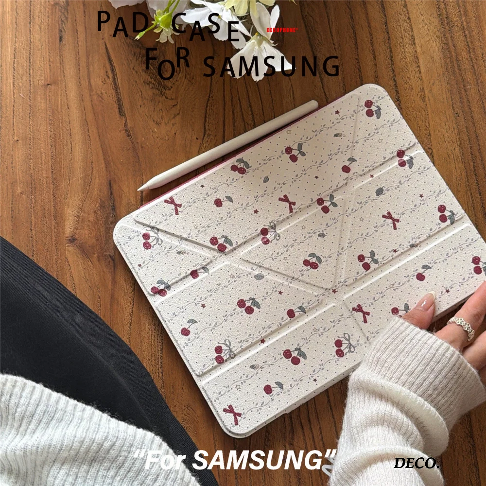 Sweet Cherry Polka Dot Bow 3+Y-fold Tablet Case For Samsung Galaxy Tab A8/A9/A11+FE LITE PLUS/Tab S6 Lite/S7/S8/S9/S10+ FE