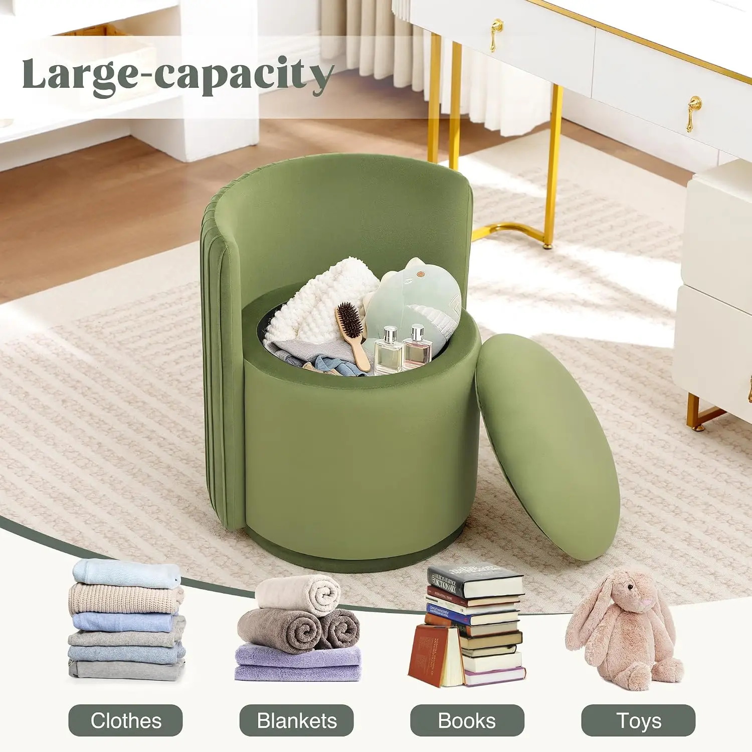Velvet Vanity Chair for Bedroom No Assembly 360° Swivel Vanity Chair with Storage Modern Makeup Accent Stools for, Customized - view 5