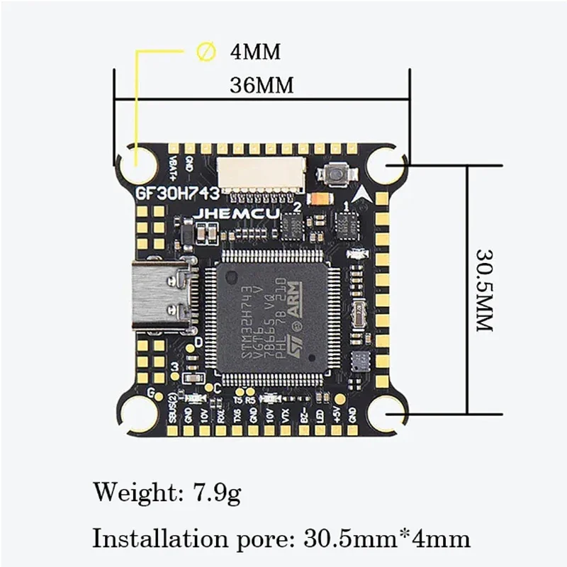 JHEMCU GF30H743 H743 480MHZ Controlador de vôo ICM-42688-P Barômetro duplo OSD 128M BlackBox Dual BEC 3-6S 30X30mm para drones FPV