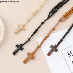 Christ Jesus Wooden Beads 9mm Rosary Bead Cross Pendant Woven Rope Chain Necklace Religious Orthodox Praying Jewelry