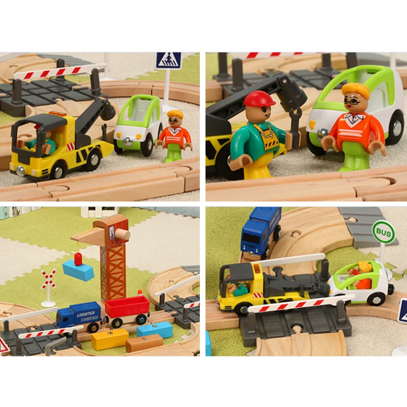 Wooden Train Track Set Crane Works Rescue Children Assemble Educational Toys For Boys And Girls Suitable For Wooden Rail Pd49