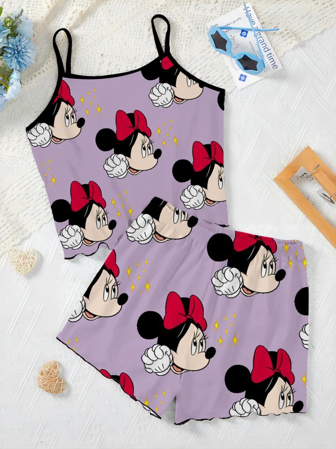 Women's Suit Short Sets Home Dress Lettuce Trim Minnie Mouse T-shirt Pajama Skirt Top Mickey Disney Pieces Elegant Disney Mickey