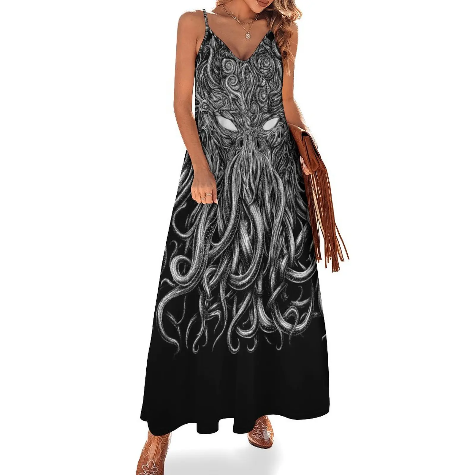 

The sleeper must awaken Black background Sleeveless Long Dress womens dress Prom gown Female clothing Dress