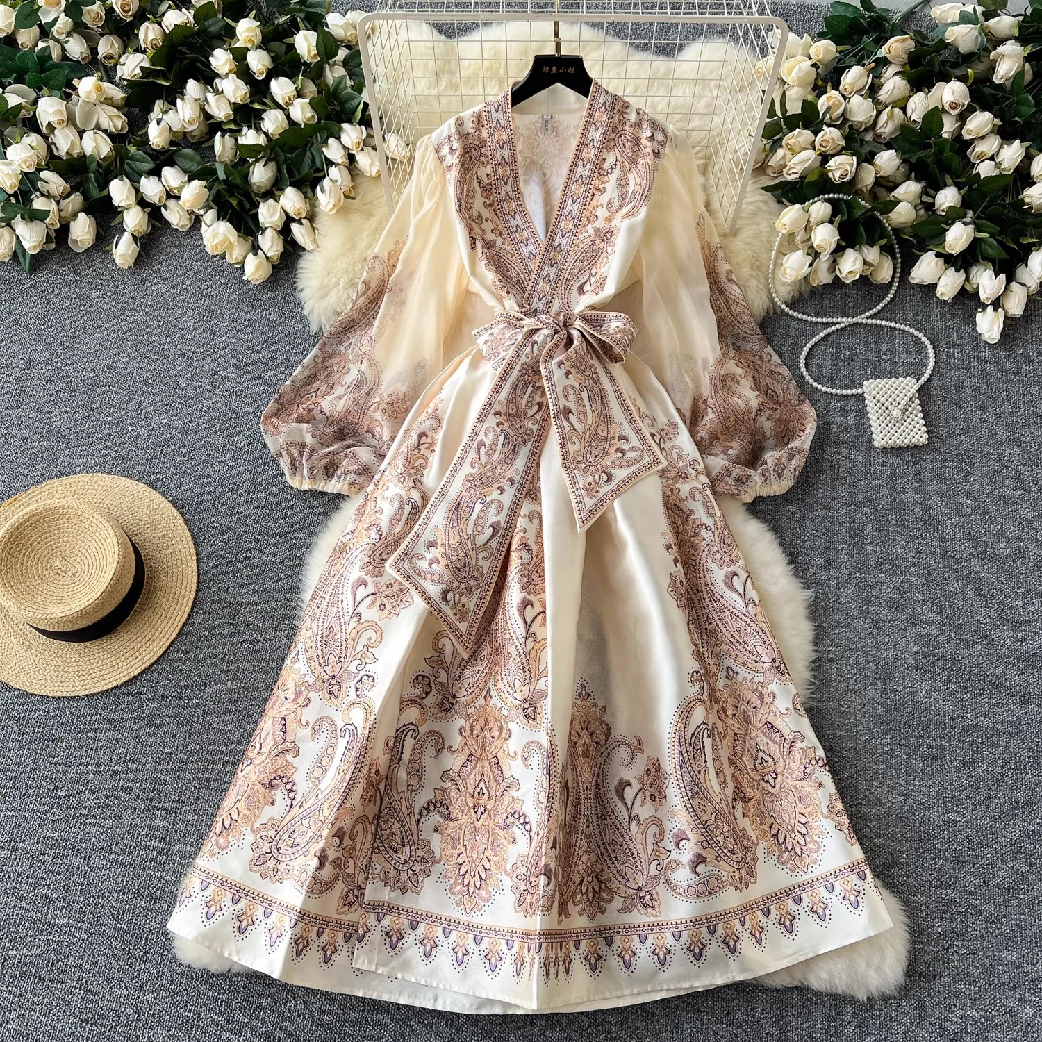 

Spring Summer Bohemian Paisley Dress Holiday Puff Sleeve Cross V Neck Vintage Print Bandage Lace Up Robe Vestidos Maxi Clothes