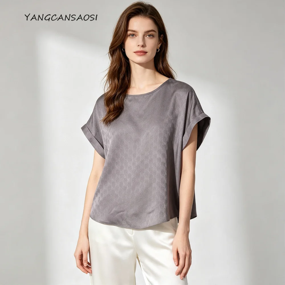 Women's Casual Summer New Gray Grid 100% Natural Mulberry Silk Jacquard Satin Round Neck Short Sleeved Skin-friendly T-shirt