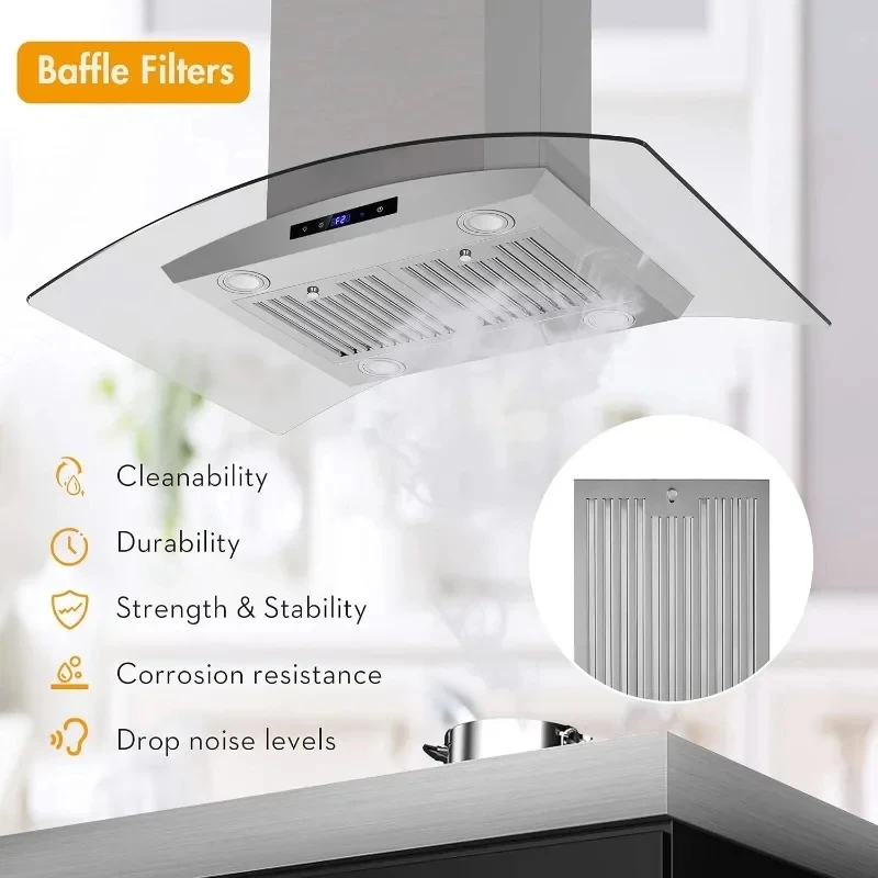 Island Range Kitchen Vent Hood with Tempered Glass,Touch Control,Permanent Filter,Charcoal Filter,Stainless Steel,Ceiling Mount