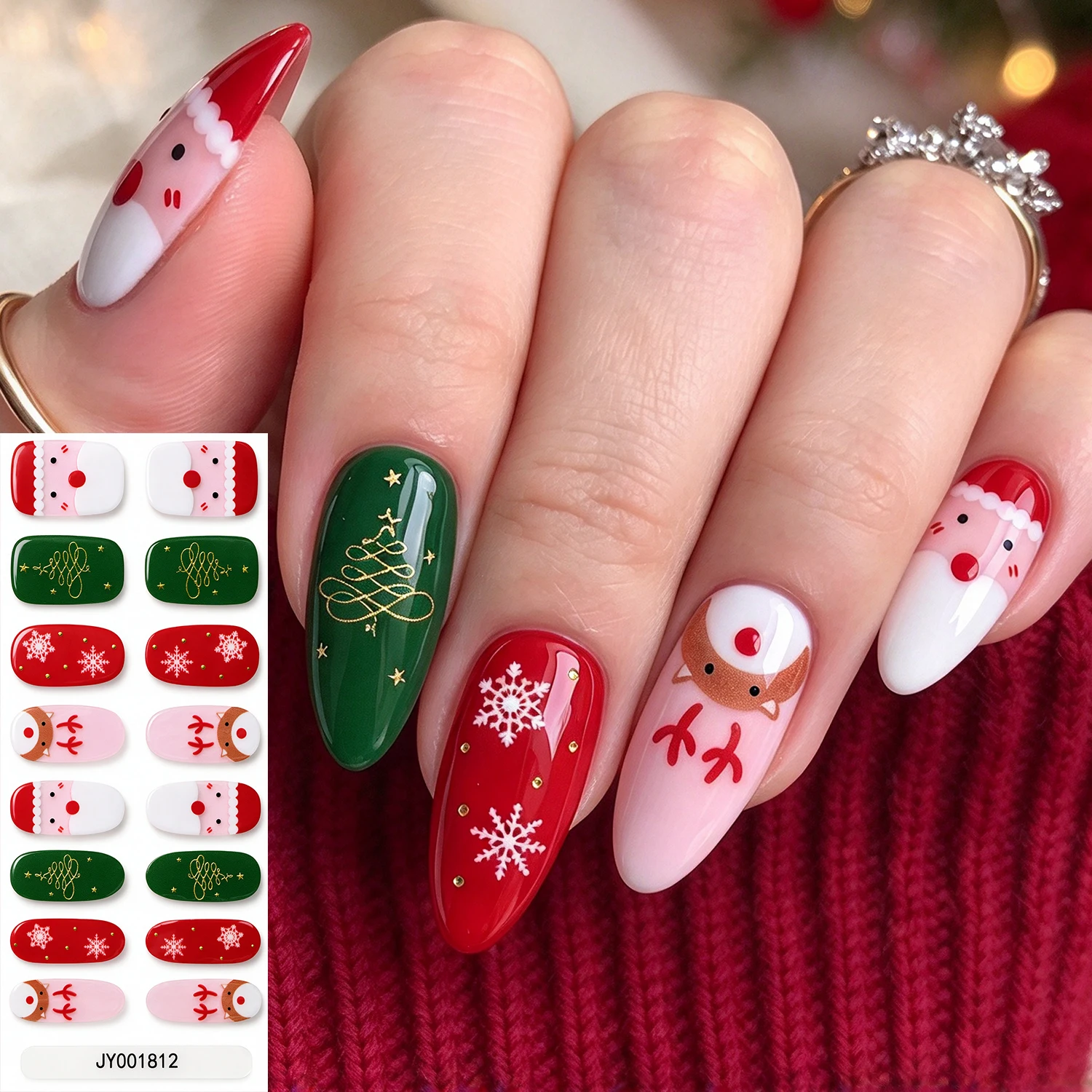 16Tips Winter Christmas Gel Nail Stickers Red Green Plaid Polka Dot Snowflake Print Nails Decals Full Xmas Manicure Polish Strip