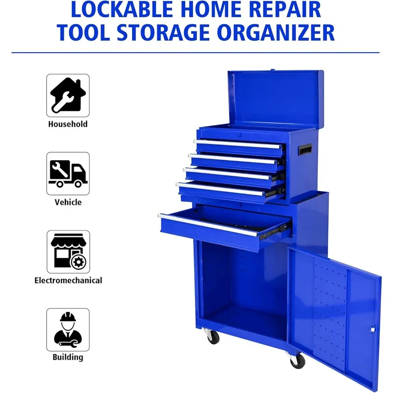 5段引き出し付きローラー式ツールボックス、ポータブルツールボックス、大容量ツールボックス、ガレージ、作業場、家庭用