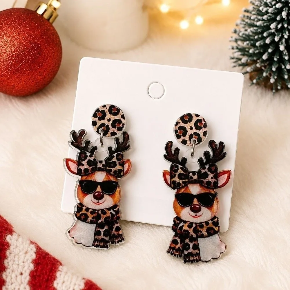 2D Flat Acrylic Christmas Earrings Deer Xmas Tree Leopard Pendant Earrings Snowman Gift Sock Ladies' Ear Jewelry Party