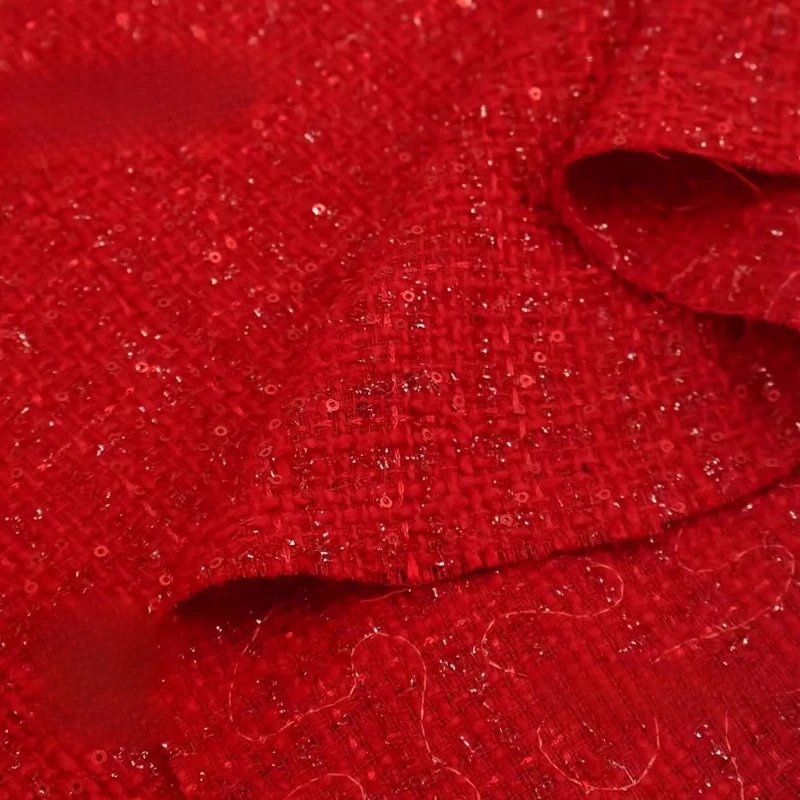 Bright Red Sequins Embroidered Tweed Fabric Chunky Knit Lightweight Spring Autumn Suit Dress Skirt Clothing Material